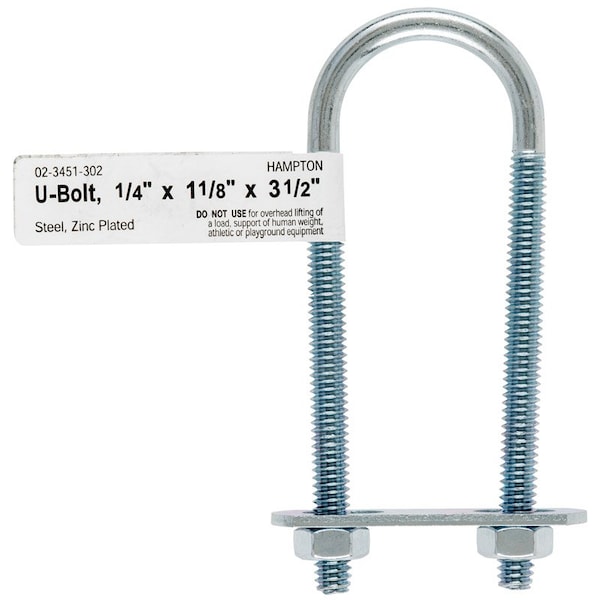 Hampton Round U-Bolt, 1/4", 1-1/8 in W, 3-1/2 in H, Zinc Plated Steel 02-3451-302 - main